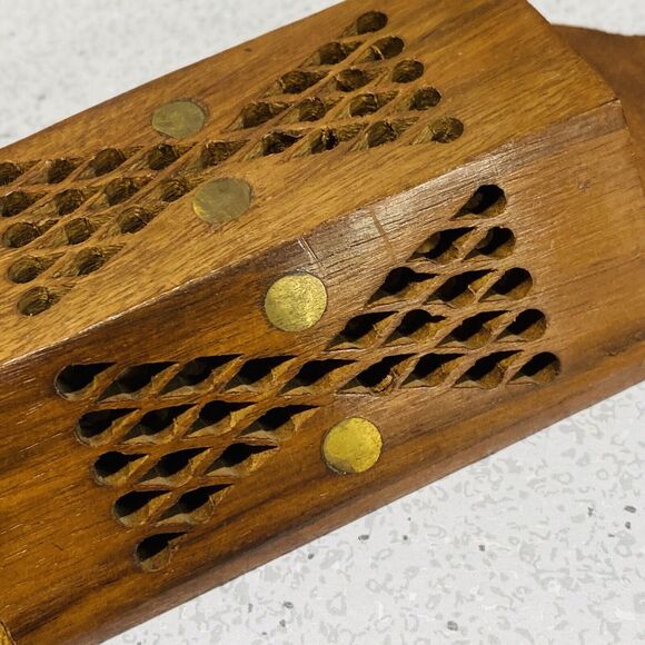 Carved Teak Wood Match Box Incense Wall Pocket Pierced Pattern Brass Studs Inlay - Picture 5 of 8